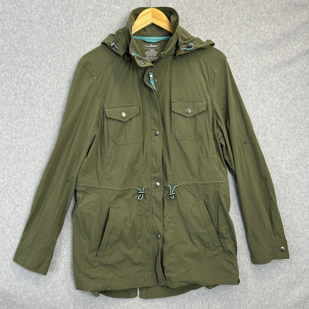LL Bean Womens Large Full Zip Utility Jacket Green Hooded Stretch Field Coat
